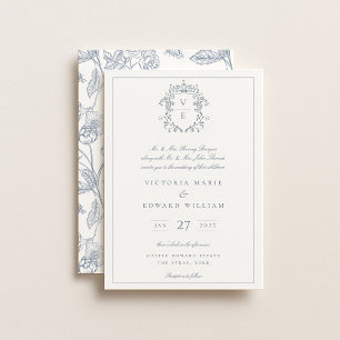 Dusty Blue Wappen Monogram Wedding Einladung