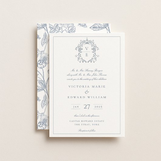 Dusty Blue Wappen Monogram Wedding Einladung
