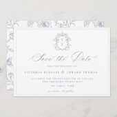 Dusty Blue Wappen Monogram Wedding QR Code Save The Date (Vorne/Hinten)
