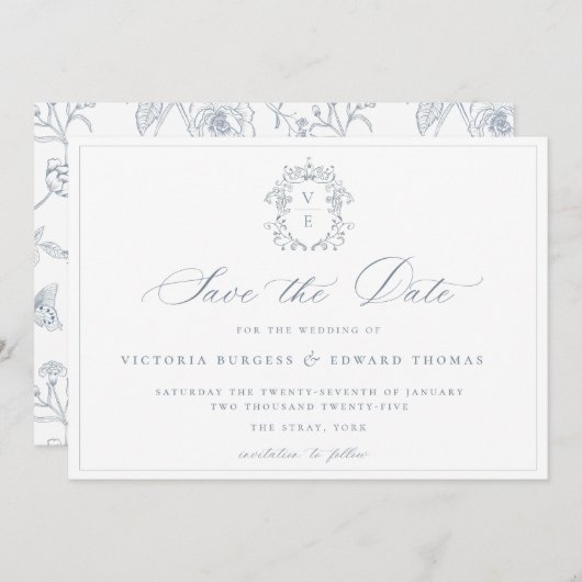 Dusty Blue Wappen Monogram Wedding QR Code Save The Date (Vorne/Hinten)