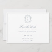 Dusty Blue Wappen Monogram Wedding QR Code Save The Date (Vorderseite)