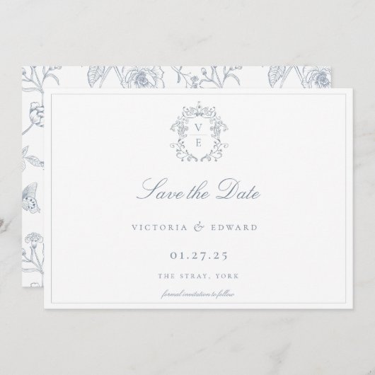 Dusty Blue Wappen Monogram Wedding QR Code Save The Date (Vorne/Hinten)