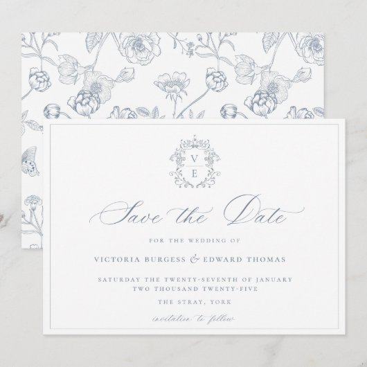 Dusty Blue Wappen Monogram Wedding Save The Date (Vorne/Hinten)