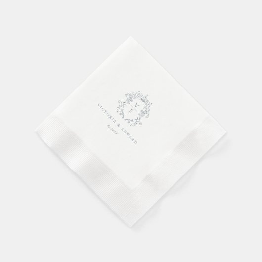 Dusty Blue Wappen Monogram Wedding Serviette (Ecke)