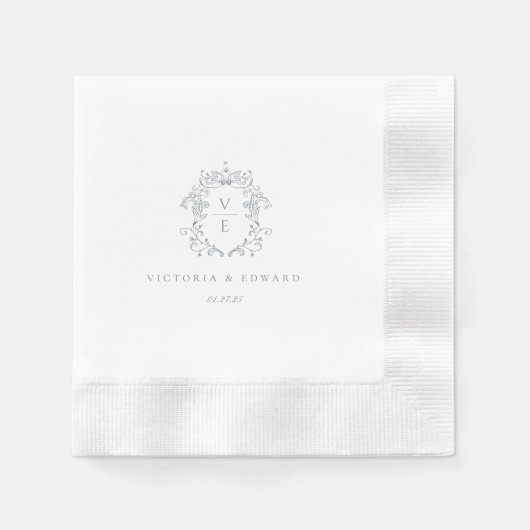 Dusty Blue Wappen Monogram Wedding Serviette (Vorderseite)