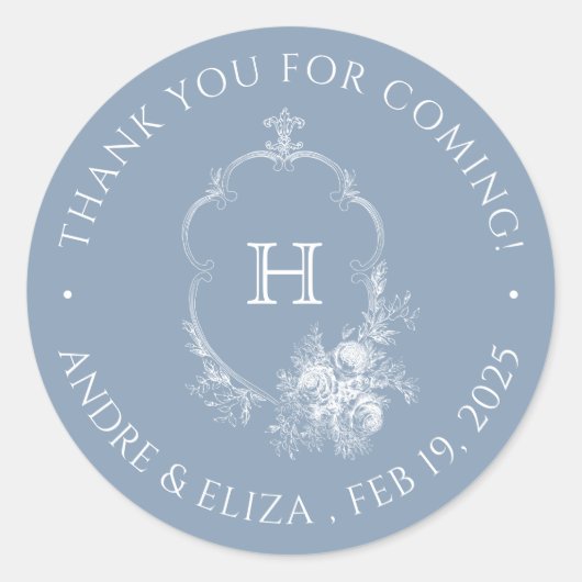 Dusty Blue Wappen Monogram Wedding Sticker (Vorderseite)
