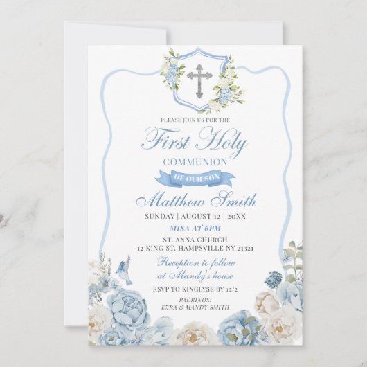 Dusty Blue Wappen und Blumengemeinde Einladung (Vorderseite)