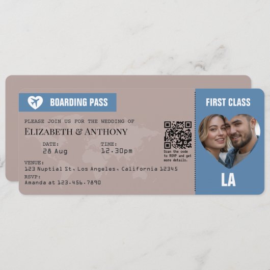 Dusty Blue & Warm Taupe Boarding Pass Wedding Einladung (Vorne/Hinten)