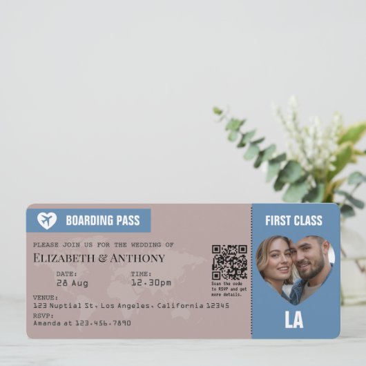 Dusty Blue & Warm Taupe Boarding Pass Wedding Einladung (Stehend Vorderseite)