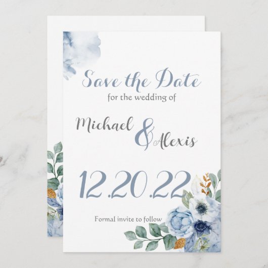 Dusty Blue Water Color Einladung (Vorne/Hinten)