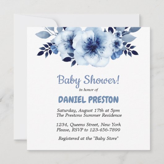 Dusty Blue Watercolor Babydusche Einladung (Vorderseite)