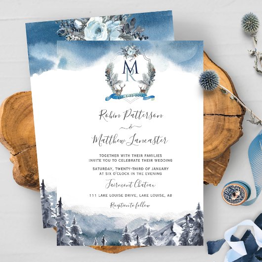 Dusty Blue Watercolor Berge und Wappen, Hochzeit Einladung