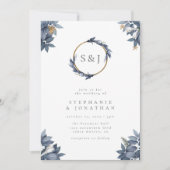 Dusty Blue Watercolor Blätter Monogram Wedding Einladung (Vorderseite)