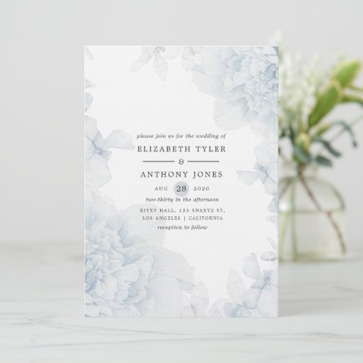 Dusty Blue Watercolor Blühende Hochzeit Einladung (Stehend Vorderseite)