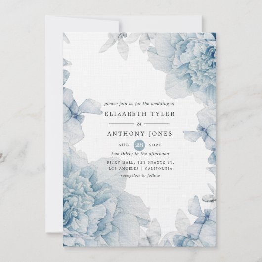 Dusty Blue Watercolor Blühende Hochzeit Einladung (Vorderseite)