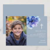 Dusty Blue Watercolor Blume Foto Confirmation Dankeskarte (Vorne/Hinten)