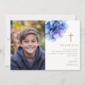 Dusty Blue Watercolor Blume Foto Confirmation Dankeskarte (Vorderseite)