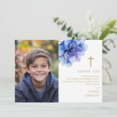 Dusty Blue Watercolor Blume Foto Confirmation Dankeskarte (Stehend Vorderseite)