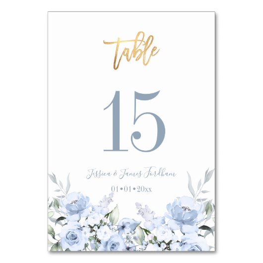 Dusty Blue Watercolor Blume Hochzeit Tischnummer (Vorderseite)