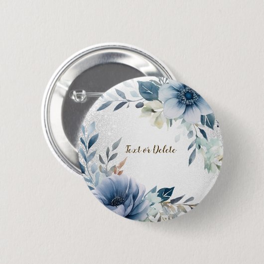 Dusty Blue Watercolor Blume Silver Elegante Button (Vorne & Hinten)