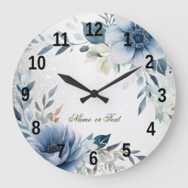 Dusty Blue Watercolor Blume Silver Elegante Große Wanduhr
