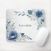 Dusty Blue Watercolor Blume Silver Elegante Mousepad (Mit Mouse)