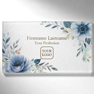 Dusty Blue Watercolor Blume Silver Elegante Namenschild