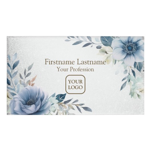 Dusty Blue Watercolor Blume Silver Elegante Namenschild (Vorderseite)