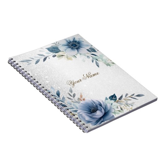Dusty Blue Watercolor Blume Silver Elegante Notizblock (Rechte Seite)