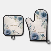 Dusty Blue Watercolor Blume Silver Elegante Ofenhandschuh & Topflappen-Set (Vorderseite)