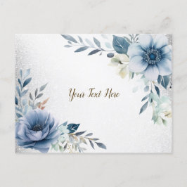 Dusty Blue Watercolor Blume Silver Elegante Postkarte