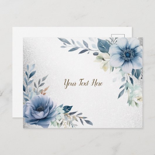 Dusty Blue Watercolor Blume Silver Elegante Postkarte (Vorne/Hinten)