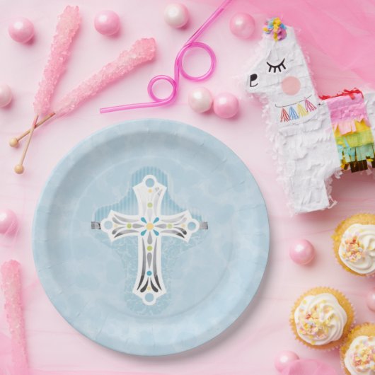 Dusty Blue Watercolor Blumenkreuz Taufe Pappteller (Party)