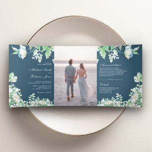Dusty Blue Watercolor Botanical Foliage Wedding Dreifach Gefaltete Einladung