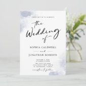 Dusty Blue Watercolor Calligraphy QR Code Wedding Einladung (Stehend Vorderseite)