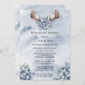Dusty Blue Watercolor Deer Antler Probe Abendessen Einladung (Vorne/Hinten)