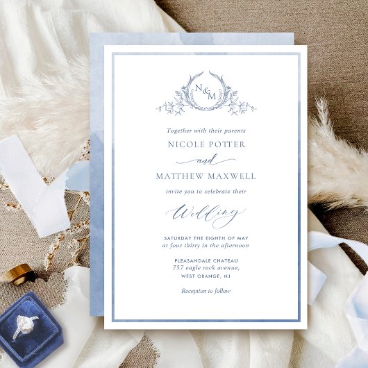 Dusty Blue, Watercolor Elegant Monogram Wedding Einladung