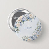 Dusty Blue Watercolor Elfenbeinfarbene Blume Blätt Button (Vorne & Hinten)