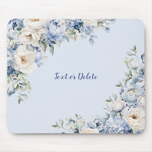 Dusty Blue Watercolor Elfenbeinfarbene Blume Blätt Mousepad (Vorne)