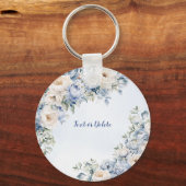 Dusty Blue Watercolor Elfenbeinfarbene Blume Blätt Schlüsselanhänger (Rückseite)