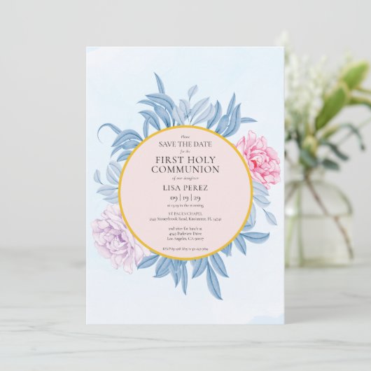 Dusty Blue Watercolor Erstkommunion Save The Date (Stehend Vorderseite)