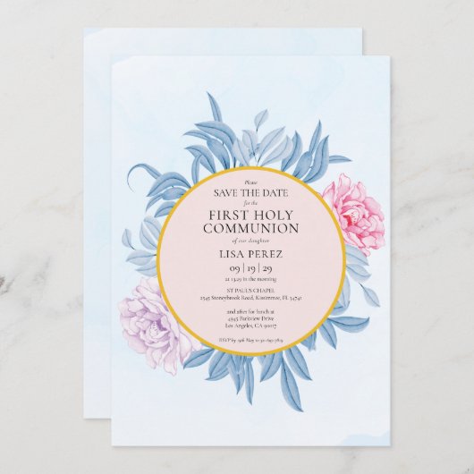 Dusty Blue Watercolor Erstkommunion Save The Date (Vorne/Hinten)