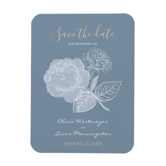 Dusty Blue Watercolor Etched Rose Save the Date Magnet (Vertikal)
