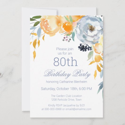 Dusty Blue Watercolor Floral 80th Birthday Party Einladung (Vorderseite)