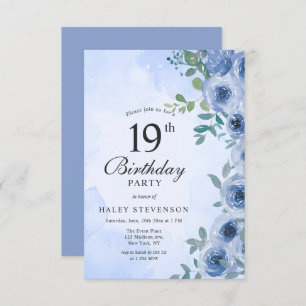 Dusty Blue Watercolor Floral Chic 19. Geburtstag Einladung