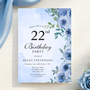 Dusty Blue Watercolor Floral Chic 22. Geburtstag Einladung