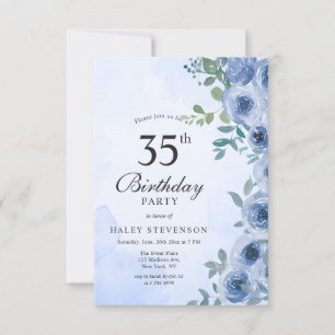 Dusty Blue Watercolor Floral Chic 35. Geburtstag Einladung