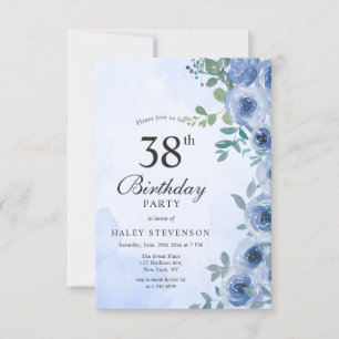 Dusty Blue Watercolor Floral Chic 38. Geburtstag Einladung