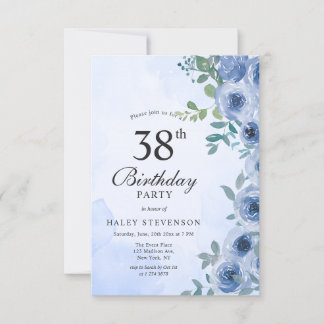 Dusty Blue Watercolor Floral Chic 38. Geburtstag Einladung