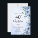 Dusty Blue Watercolor Floral Chic 40. Geburtstag Einladung<br><div class="desc">Feiern Sie Ihren Geburtstag stilvoll mit unserer Dusty Blue Watercolor Floral Chic zum Geburtstag Einladung! Diese elegante und preisgünstige Einladung ist als Print und in digitaler Form erhältlich und zeichnet sich durch ein wunderschönes Aquarelldesign aus, das zarte Eukalyptus-Blätter, romantische Blumenelemente und eine weiche, feminine Farbpalette vereint. Für weitere Produkte in...</div>